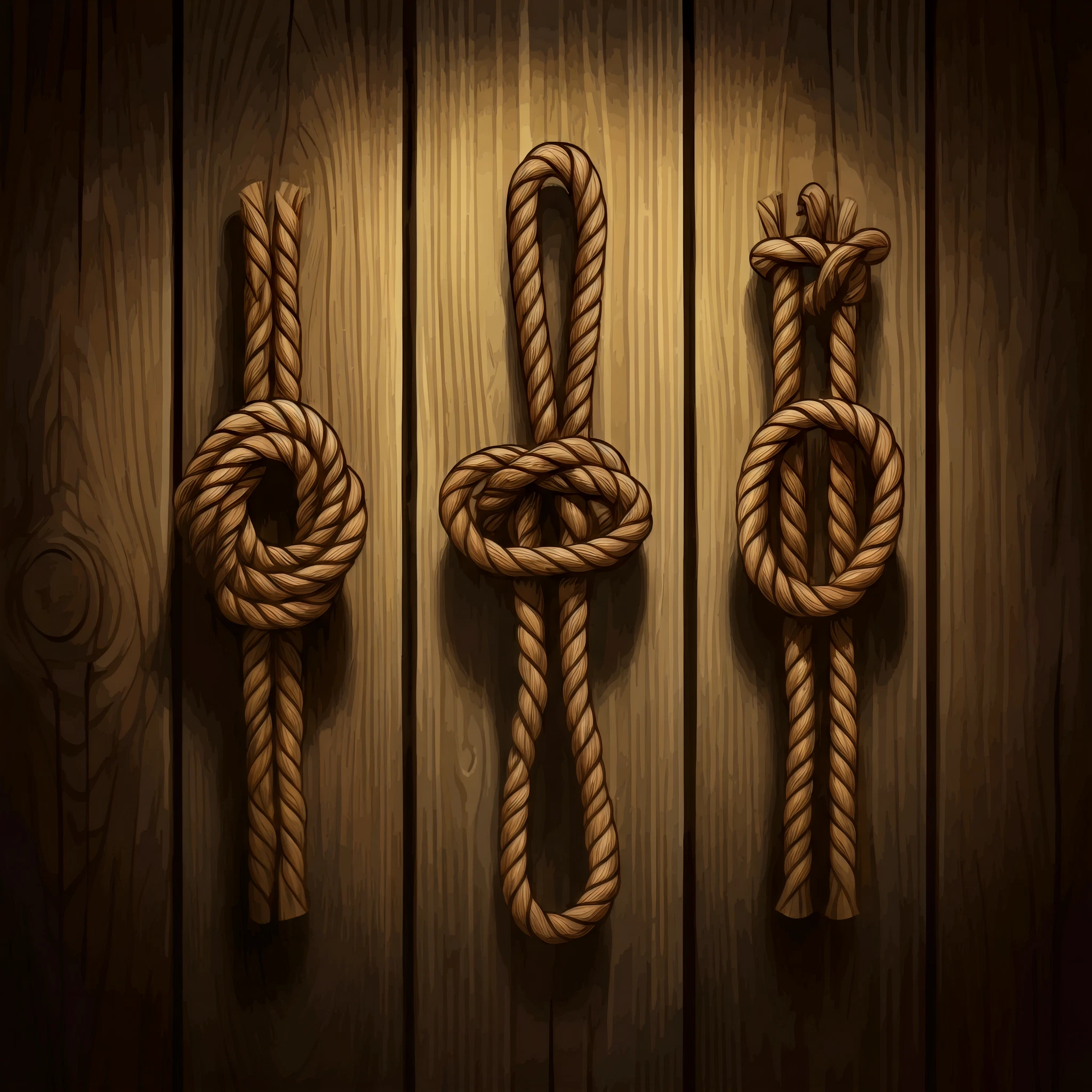 Illustration showing essential knots like the square knot, bowline, and clove hitch